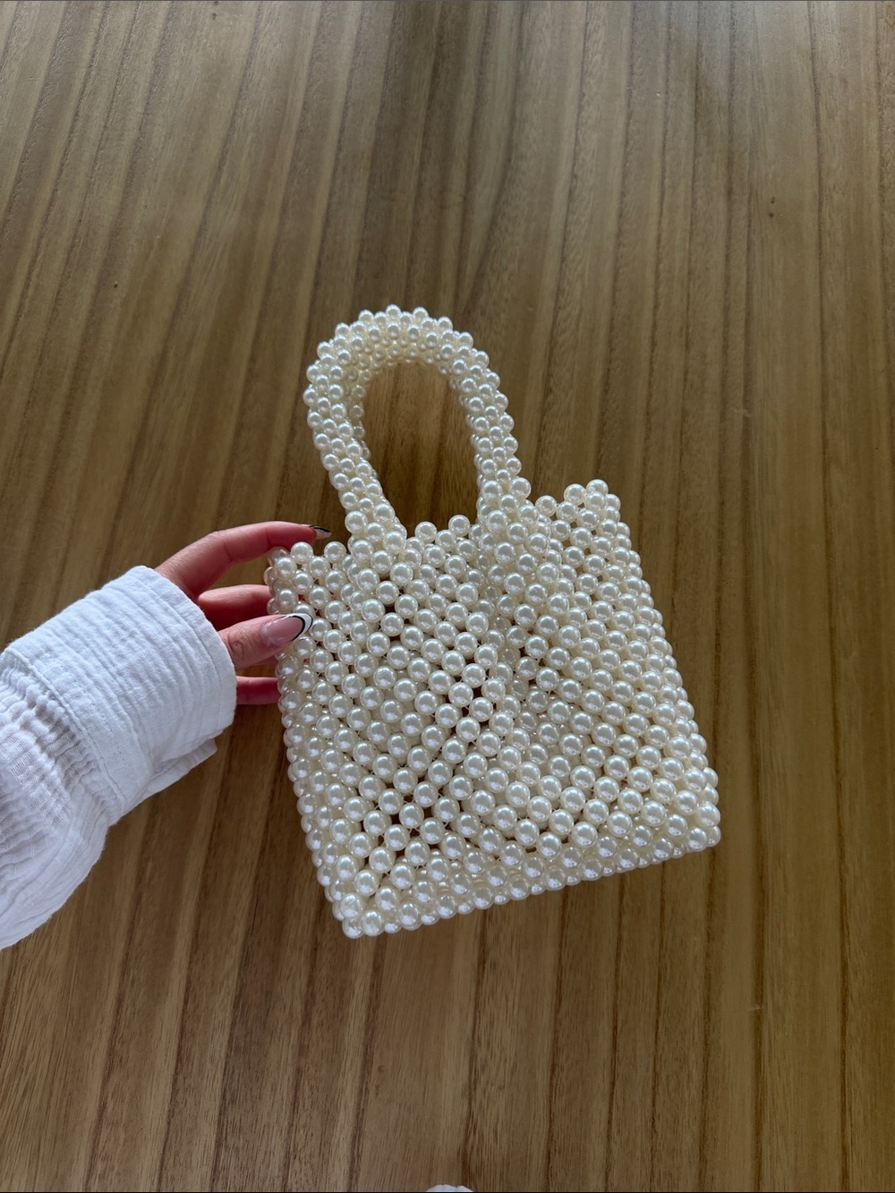 Pearl Beaded Mini Tote Bag - White